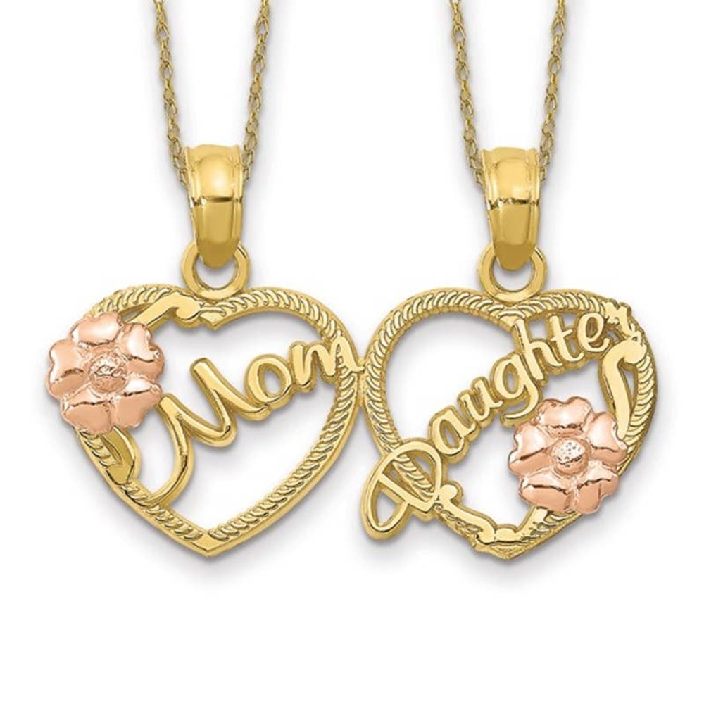Solid 10K Two-Tone Gold Mom & Daughter Break-Apart Heart Pendant Necklaces 18"